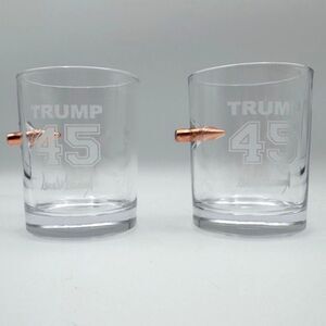 Trump 45 Bullet Style Whiskey Lowball Glasses Set of 2 Clear 3.75in Tumbler Gift
